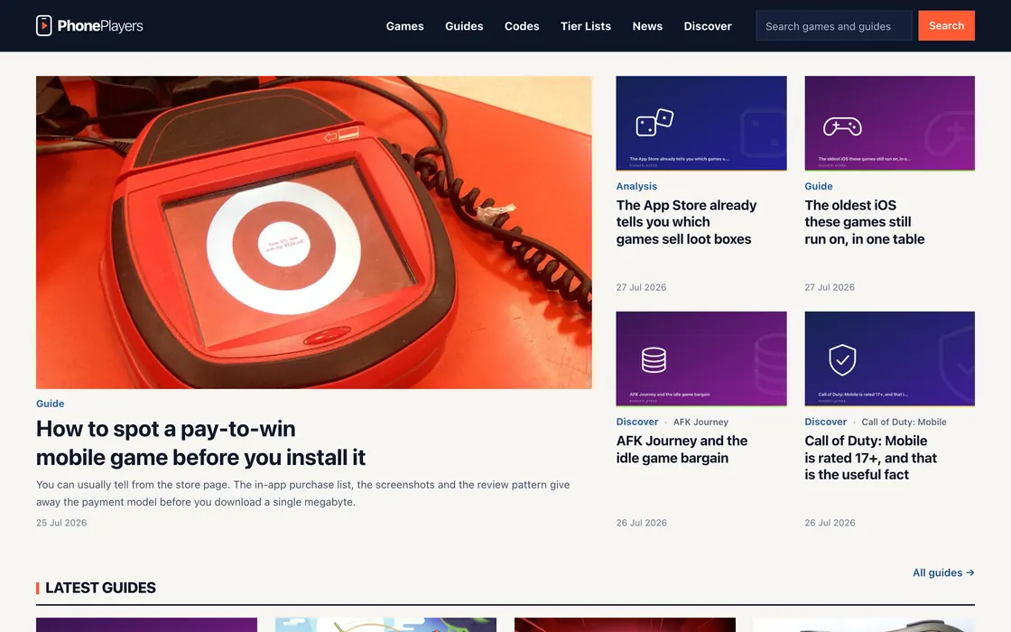The PhonePlayers home page: a lead guide beside a grid of recent guides and analysis, above sections for verified codes and browsing by game.