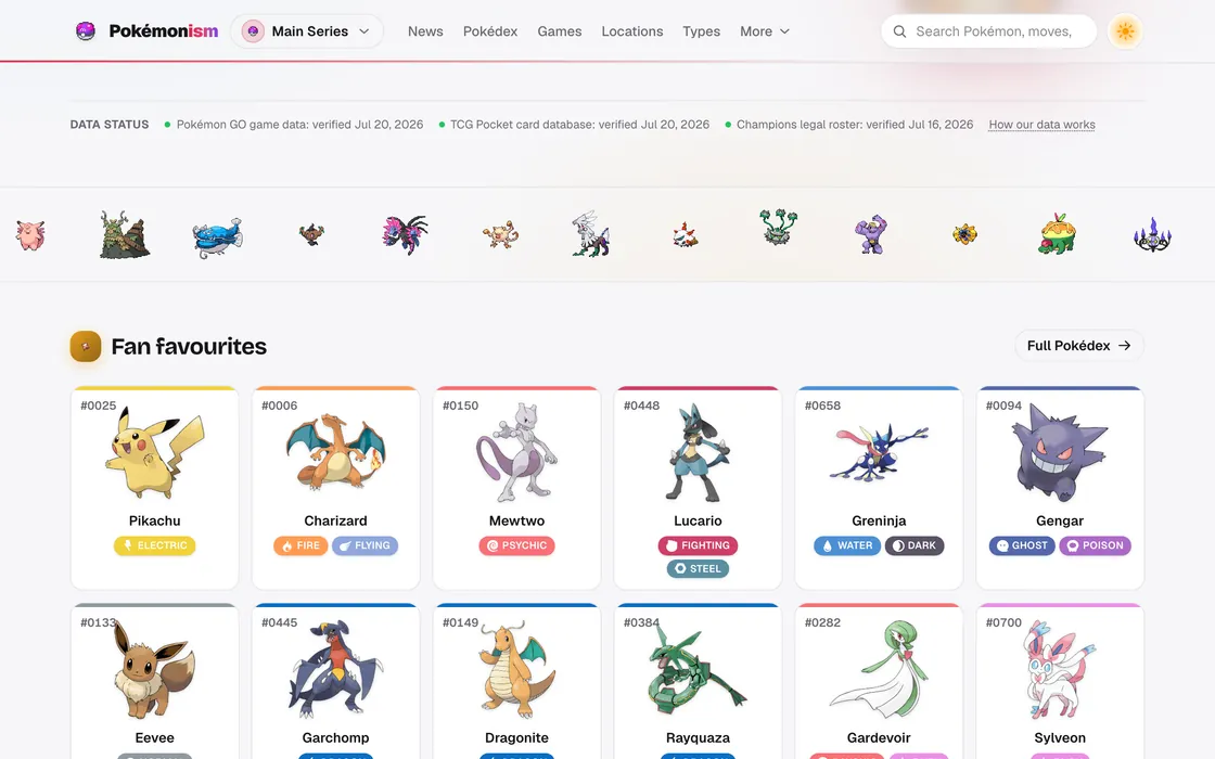 Pokémonism showing a grid of Pokédex entries, each with its national index number, name and type badges, under a link to the full Pokédex.