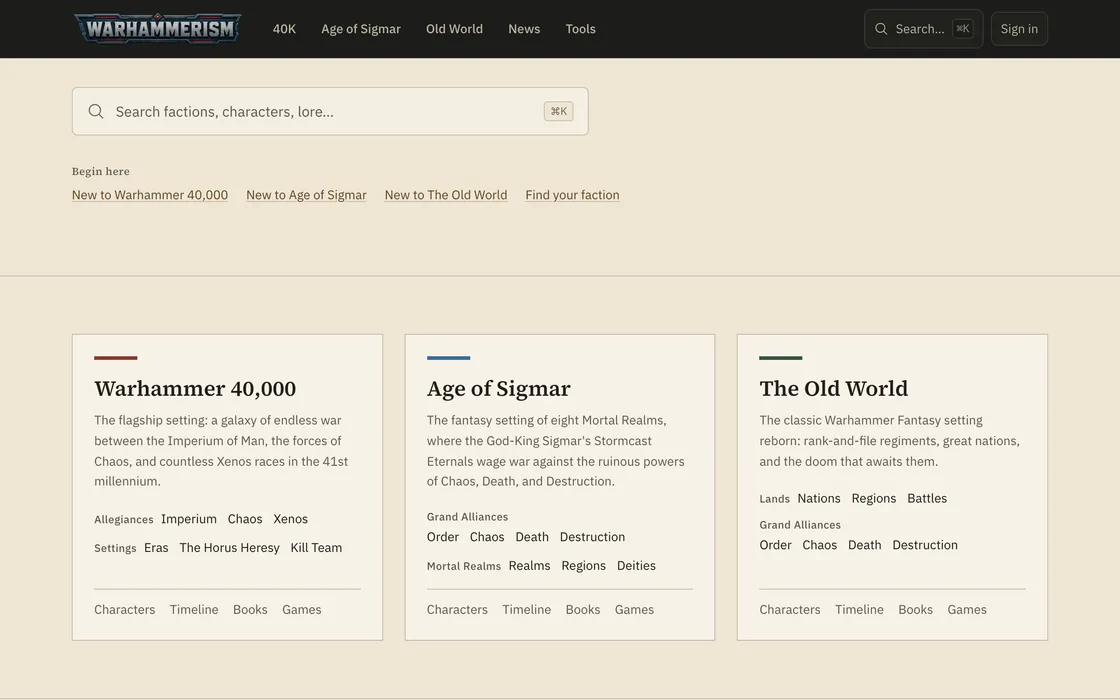 Warhammerism showing a search field above three setting entries for Warhammer 40,000, Age of Sigmar and The Old World, each listing its allegiances and reference sections.